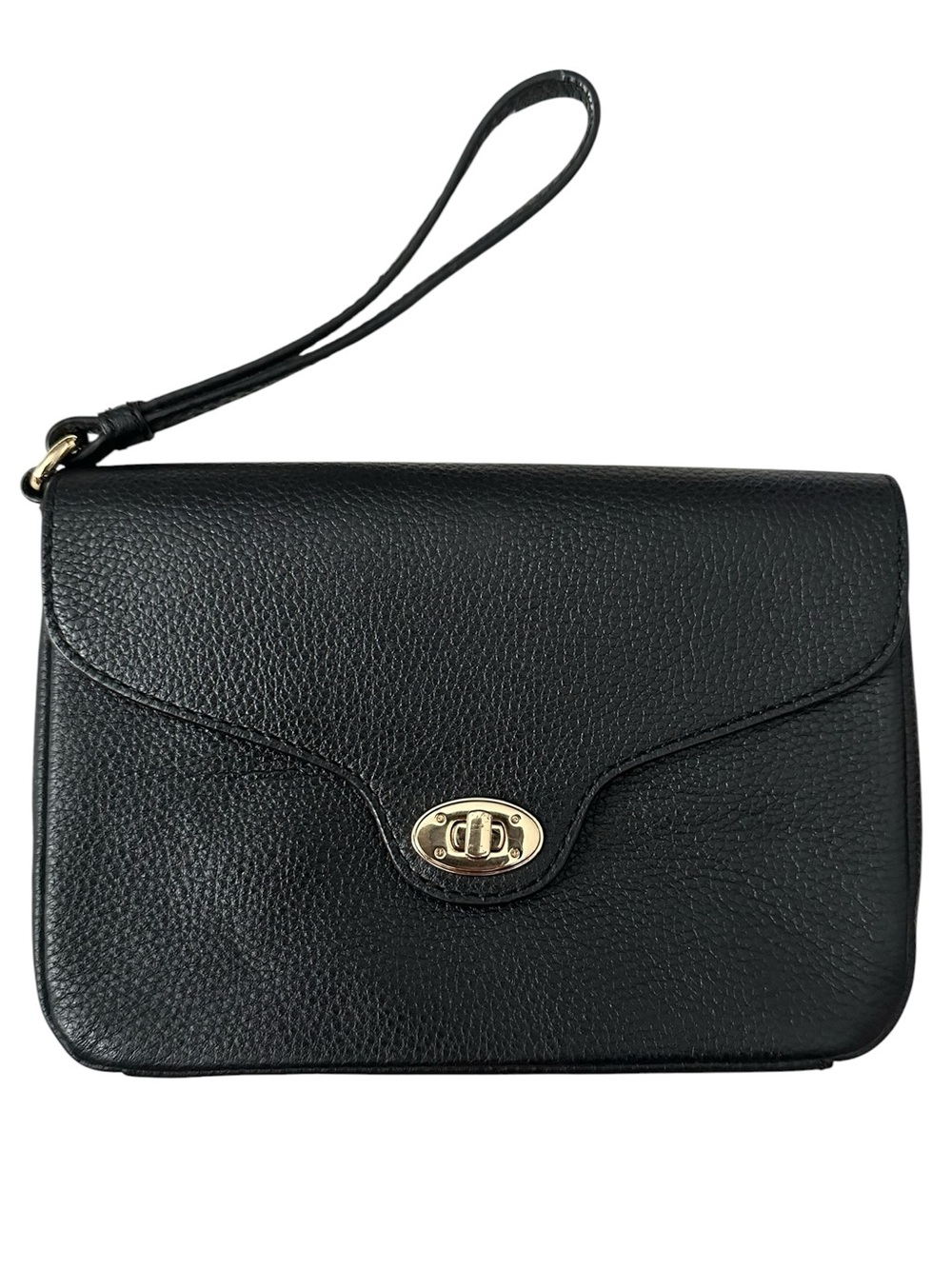 Talbots Pebbled Leather Soft Turnlock Wristlet Clutch Bag Black Gold Hardware EC